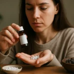 Žena používa Nux Vomica v prírodnej liečbe s homeopatickými guľôčkami.