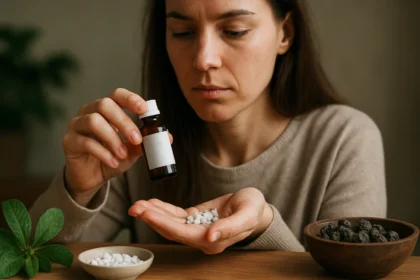 Žena používa Nux Vomica v prírodnej liečbe s homeopatickými guľôčkami.