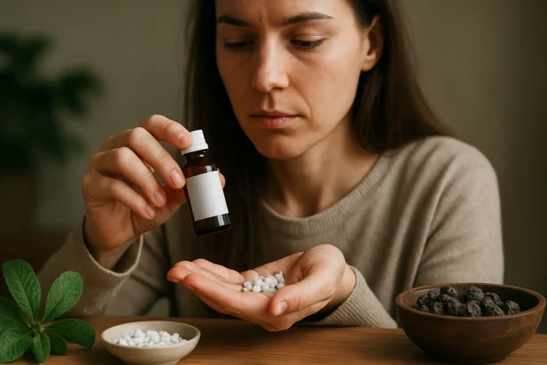 Žena používa Nux Vomica v prírodnej liečbe s homeopatickými guľôčkami.