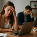 Mladí profesionáli za počítačmi, frustrovaní a unavení v práci.