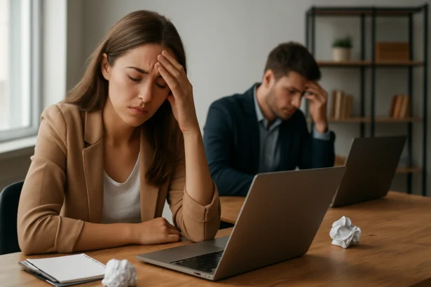 Mladí profesionáli za počítačmi, frustrovaní a unavení v práci.