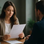 Žena na pracovnom pohovore, skúma dokumenty s úsmevom.