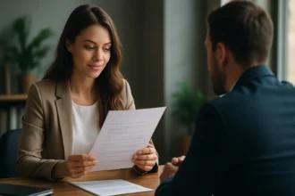Žena na pracovnom pohovore, skúma dokumenty s úsmevom.