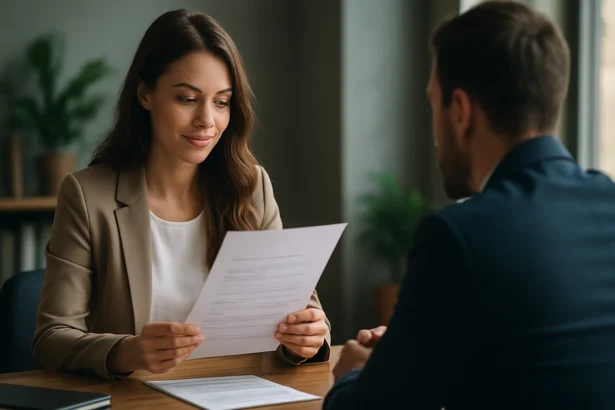 Žena na pracovnom pohovore, skúma dokumenty s úsmevom.