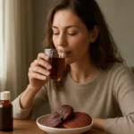 Žena pije čaj z Ganoderma lucidum a zdravé huby na stole.