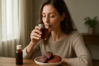 Žena pije čaj z Ganoderma lucidum a zdravé huby na stole.