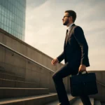 Muž v obleku kráčajúci po schodoch s aktovkou