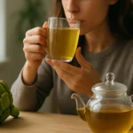 Žena pije artičokový čaj, vedľa je čajník a artičok.