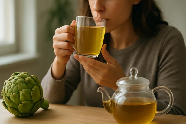 Žena pije artičokový čaj, vedľa je čajník a artičok.