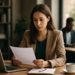 Žena v kancelárii číta dokumenty a pripravuje sa na zmenu práce.