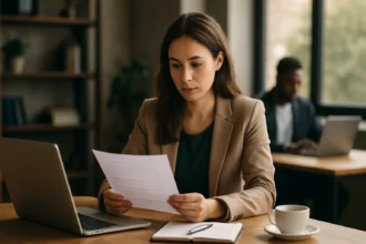 Žena v kancelárii číta dokumenty a pripravuje sa na zmenu práce.
