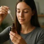 Žena drží kvapkadlo nad fľašou s koloidným striebrom pre zdravie.