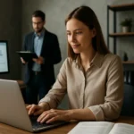 Žena pracujúca na laptop s analýzami digitálneho marketingu.