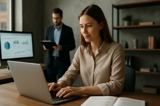 Žena pracujúca na laptop s analýzami digitálneho marketingu.