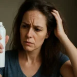 Žena skúma suchý šampón s obavami o zdravie vlasov.