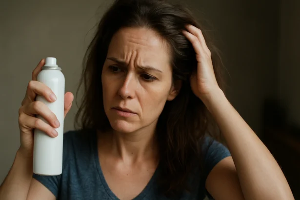 Žena skúma suchý šampón s obavami o zdravie vlasov.