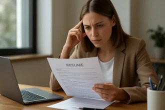 Žena skúma svoj životopis pred žiadosťou o medzinárodné zamestnanie.