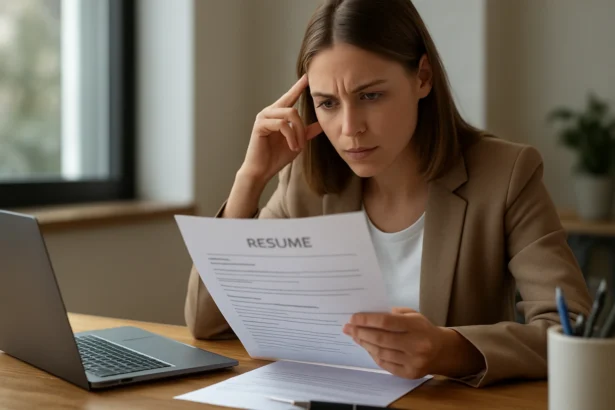 Žena skúma svoj životopis pred žiadosťou o medzinárodné zamestnanie.