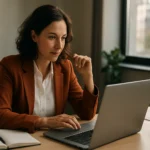 Žena v oblečení pri práci na počítači so zápisníkom a kávou