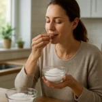 Žena ochutnáva soľ v kuchyni pre zdravé životné výhody.