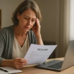 Žena zaneprázdnená revíziou svojho životopisu po dlhšej pauze.