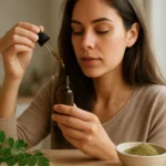 Žena aplikuje moringový olej pomocou pipety v kuchyni.