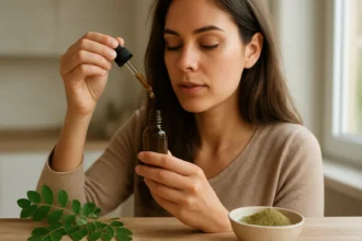 Žena aplikuje moringový olej pomocou pipety v kuchyni.