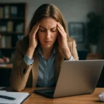 Žena so stresom pri počítači čelí pracovným preťaženiam.