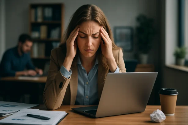 Žena so stresom pri počítači čelí pracovným preťaženiam.