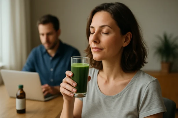 Žena si vychutnáva zelený nápoj s Reg-Enor pre zdravie a vitalitu