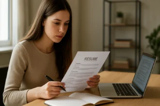 Mladá žena upravuje svoj životopis pri počítači