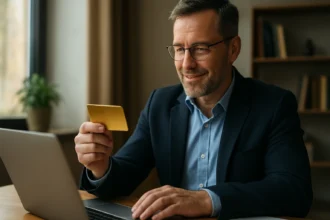 Muži so zlatou kartou pri práci na laptopu.