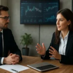 Rozhovor medzi ženou a mužom v kancelárii vo finančnom sektore.