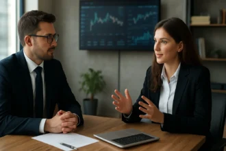 Rozhovor medzi ženou a mužom v kancelárii vo finančnom sektore.