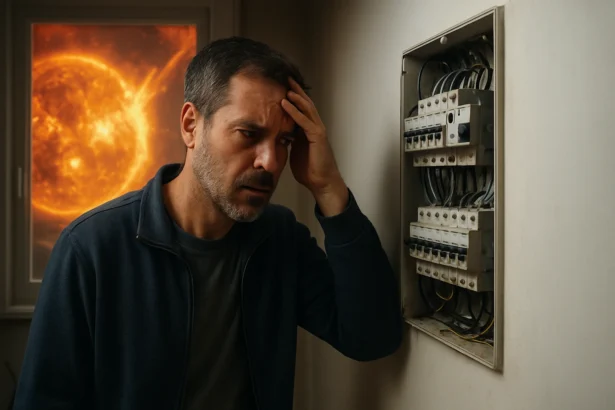 Muž sa obáva výpadku elektrickej siete počas slnečnej erupcie.