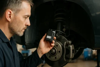 Mechanik kontroluje senzor hmotnosti v automobile.