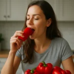 Žena si vychutnáva červenú papriku ako zdravý snack.