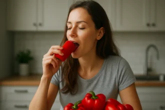 Žena si vychutnáva červenú papriku ako zdravý snack.