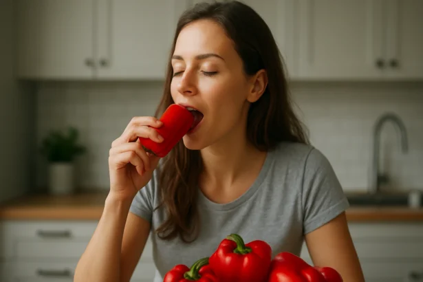 Žena si vychutnáva červenú papriku ako zdravý snack.