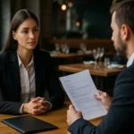 Mladá žena na pohovore v gastronómii s uchádzačom o prácu.