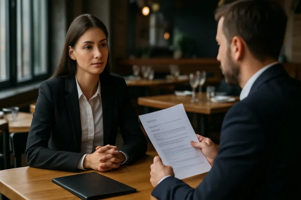 Mladá žena na pohovore v gastronómii s uchádzačom o prácu.