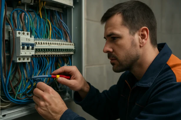 Elektrikár upravujúci vodiče v elektrickej paneli