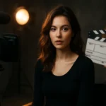 Mladá herečka pred kamerou s klapkou v pozadí pri natáčaní.