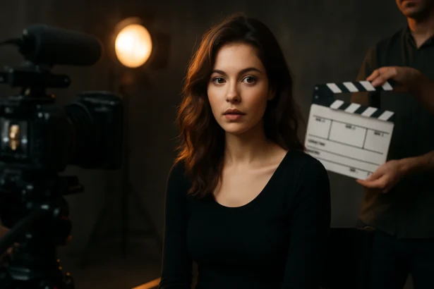 Mladá herečka pred kamerou s klapkou v pozadí pri natáčaní.