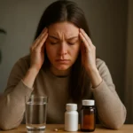 Žena má bolesti hlavy a zvažuje doplnky horčíka a vitamínu B6.