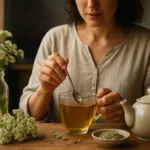 Žena mieša rebríčkový čaj v sklenenej šálke s čajovou kanvicou a bylinkami