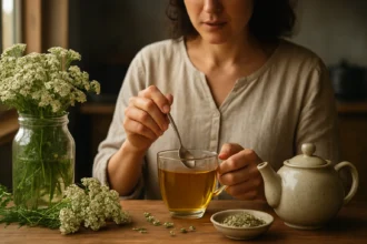 Žena mieša rebríčkový čaj v sklenenej šálke s čajovou kanvicou a bylinkami