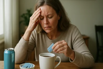 Žena zamyslená pri pridávaní umelého sladidla do šálky kávy.