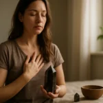 Žena meditujúca s dymovým kremeňom v ruke, vnútorné upokojenie.