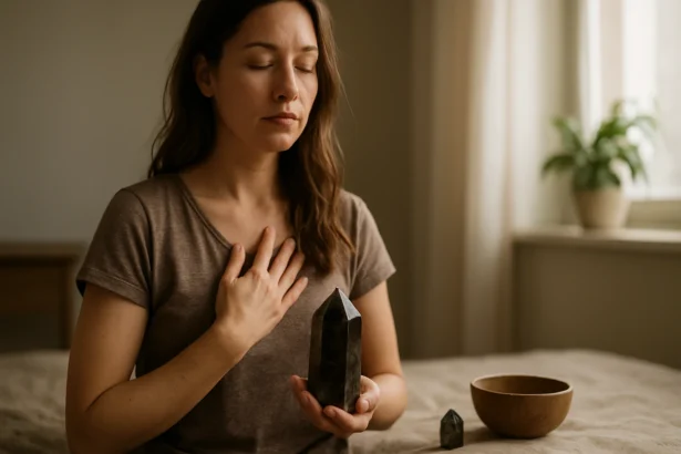 Žena meditujúca s dymovým kremeňom v ruke, vnútorné upokojenie.